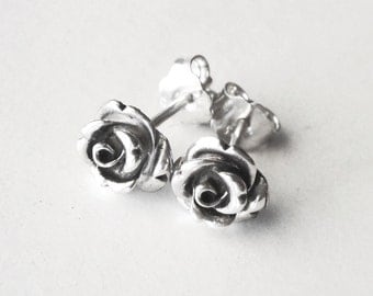 Rose stud earrings, rose earrings, oxidized sterling silver earrings,silver roses romantic studs