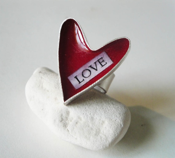 Valentine heart ring Items similar to Valentines LOVE sterling silver red heart ring on Etsy