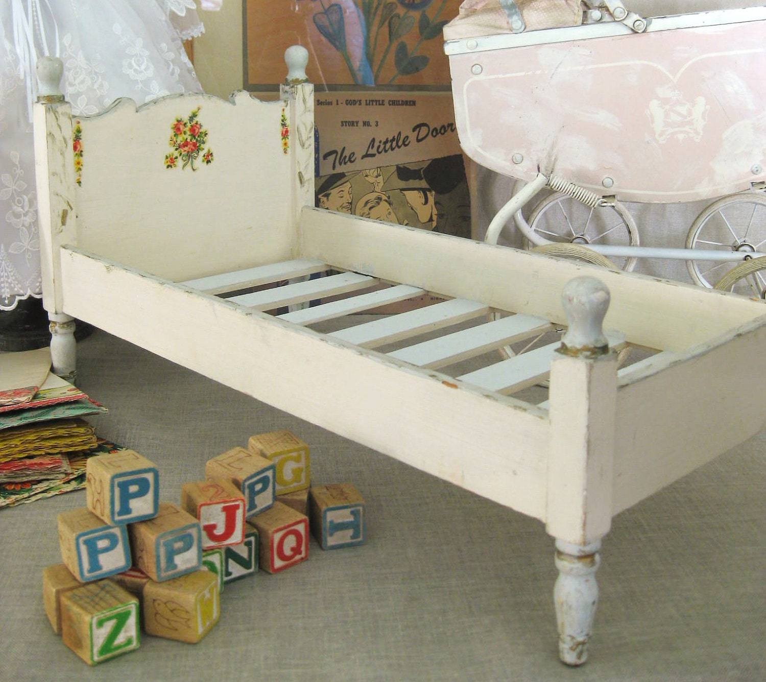 Antique Wooden Doll Bed Vintage Child