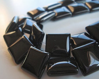 Onyx Beads 12mm Jet Black Onyx Smooth Shiny Puffed Squares - 6 Pieces