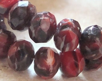 Czech Glass Beads 9 x 6mm Designer Molten Burgundy Red Faceted Rondelles - 8 Pieces