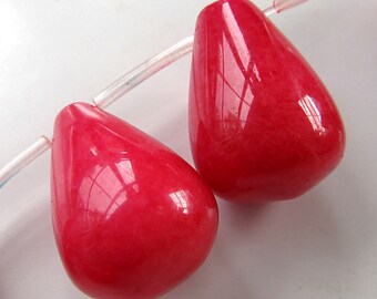 Jade Beads 25 X 18mm Deep Carmine Pink Full Smooth Briolettes - 2 Pieces