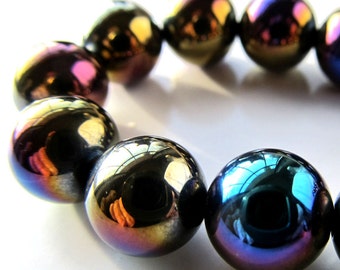 Agate Beads 12mm Jet Black w/ Rainbow AB Finish Smooth Rounds - 6 Pieces