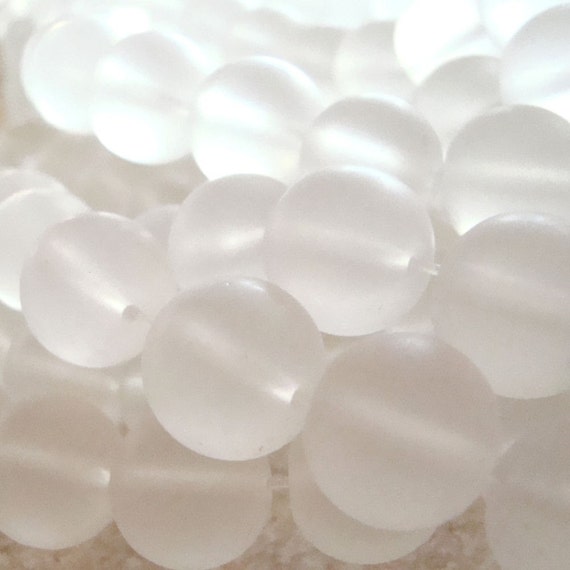 Sea Glass 12mm Smooth Frosted Cloud White Round 12 Pieces