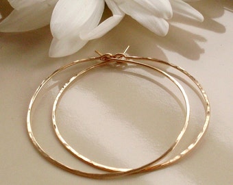 Medium Gold Hoop Earrings, Thin Lightweight Hammered Hoop Earrings, 1.5 Inch Gold Filled Hoops, 14KT Gold Filled Hoop Earrings