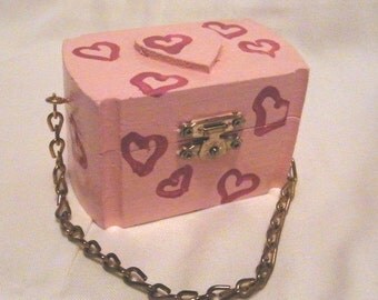 Little Girl's Hand Painted Wood Pink Hearts Box Purse On Sale