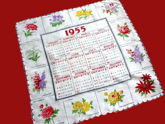 Vintage 1955 Calendar Handkerchief 57th Birthday by VintagePickle