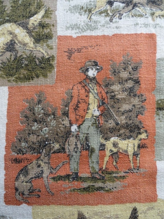 Vintage Hunting Dog Horse Barkcloth Fabric