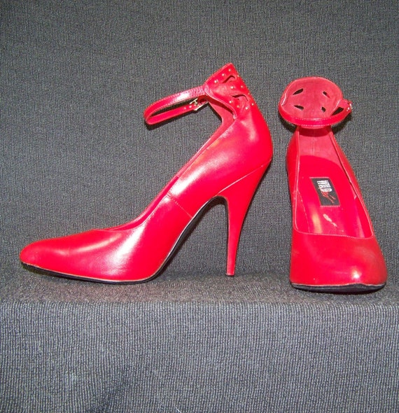 80s Lipstick Red Leather Stiletto Heels Ankle Strap by ScarletFury