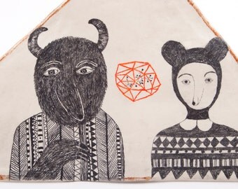 Ceramic Ornament, Mixed Media Wall Art, Drawing, Air Dry Clay, Geometric, Weird Art Decor, Triangle Hanging Sculpture, Couple, Friendship