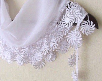 Woman - Fringed Guipure Scarf -Fabric Knitted Lace Scarf - Shawl Scarf Cowl Scarf - Long Scarf