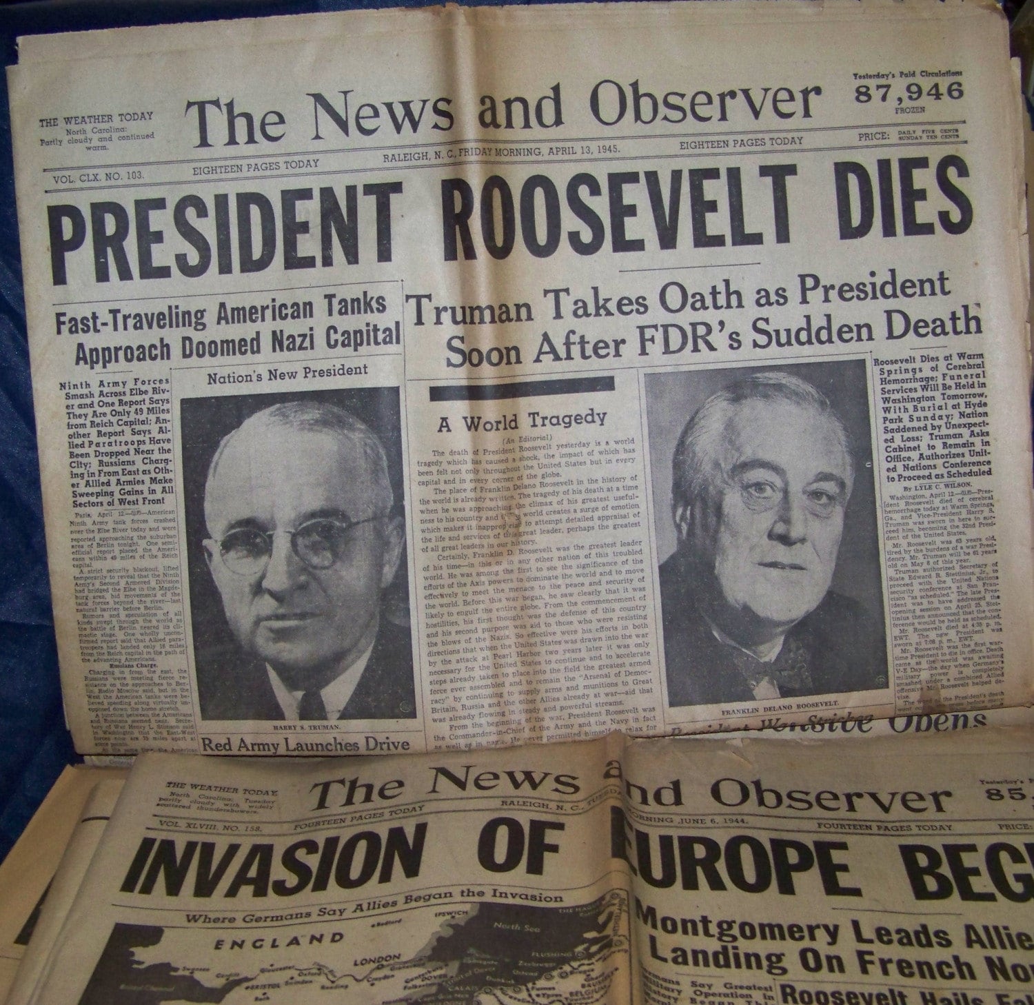 Vintage Newspaper Headlines from 1944 and 1945