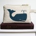 Whale Screenprint Natural Ticking Stripe Cotton Zipper Clutch
