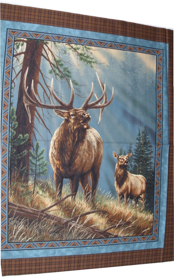 35 x 44 in quilt top panel Elk Wildlife animal fabric Bear in the woods quilt pattern