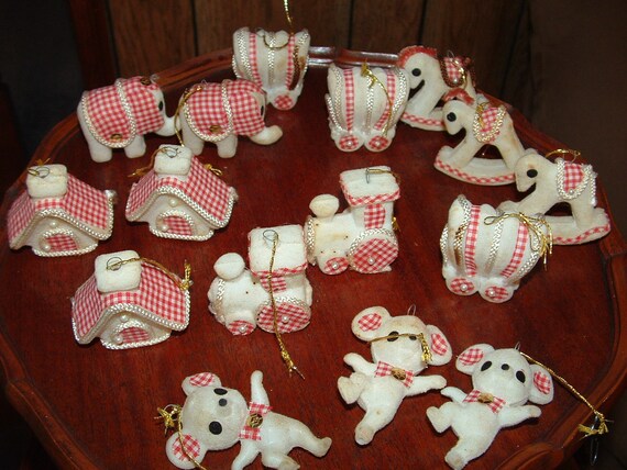 16 white flocked christmas ornaments with red gingham trim 16 white flocked christmas ornaments with red gingham trim