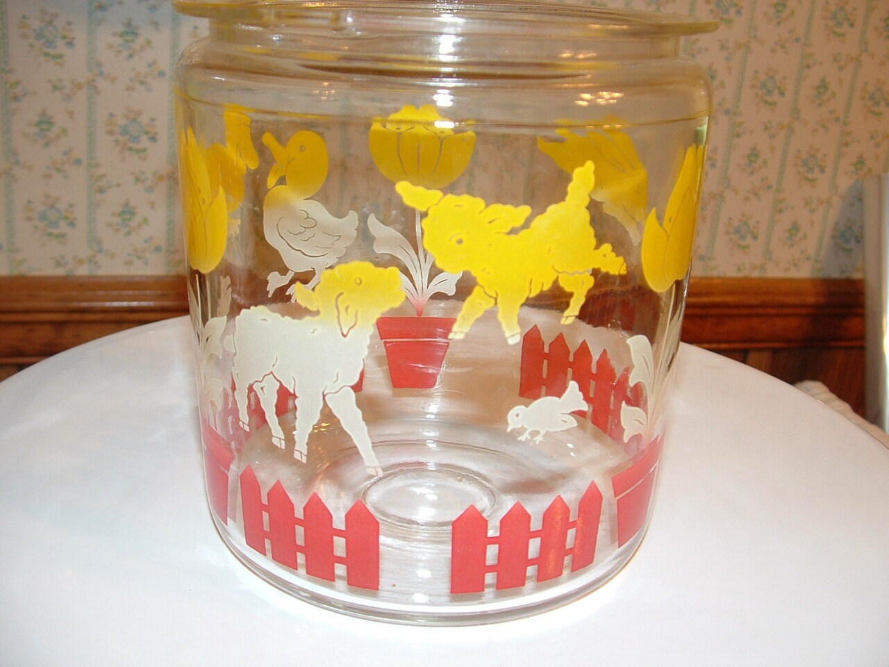 Vintage Glass Cookie Jar with Baby Animals