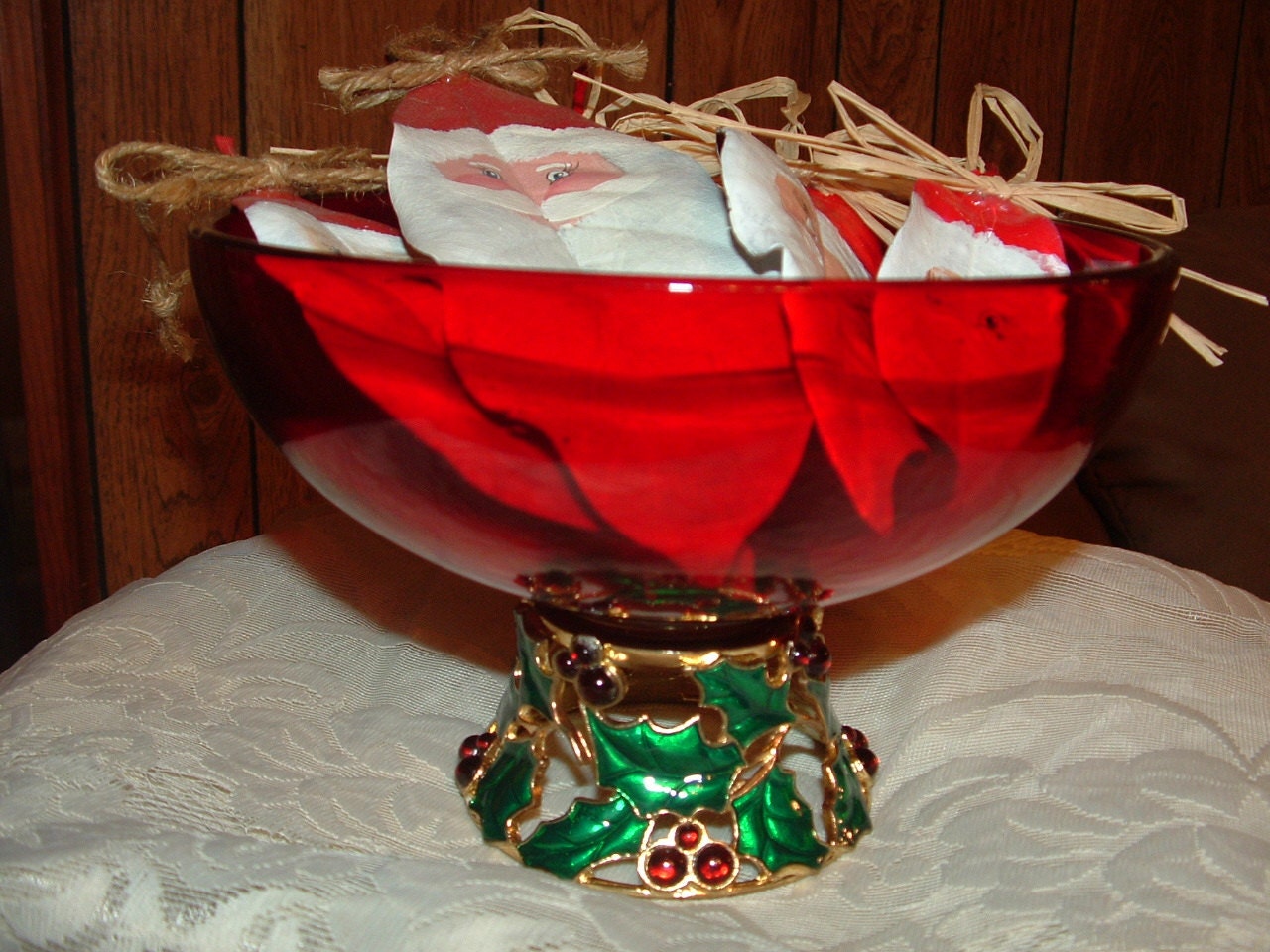 Vintage Teleflora Ruby Red Christmas Holly Pedestal Compote