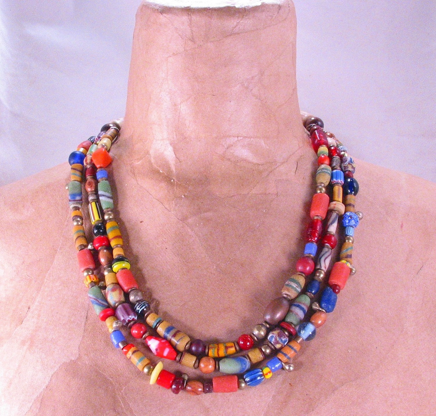 3 Strand Colorful African Trade Bead Necklace
