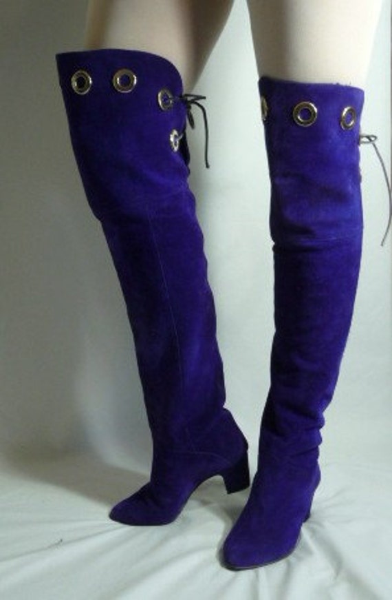 OTK Over The Knee Boots Violet Purple Leather 70s 80s Size 7