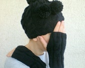 Hand Knit Hat Gloves Set, Black Neckwarmer Cowl with Pom Pom, Cable Knit Hand Knit Hat Gloves Set, Black Neckwarmer Cowl with Pom Pom, Cable Knit
