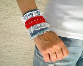 SALE %25 off Boho Chic Recycled Denim Cuff Wristband with Lace, Women Bracelet in Blue White Red