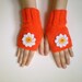 Orange Fingerless Gloves with Crochet Daisy Flowers