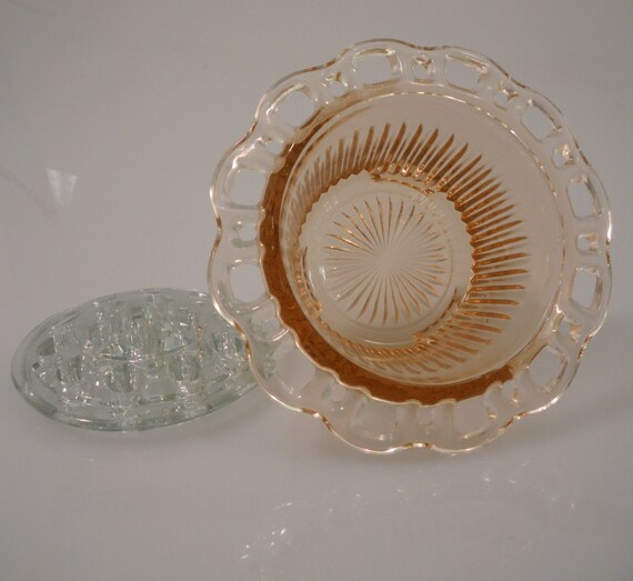 Antique Pink Depression Glass Lacy Edge Vase with Glass Frog