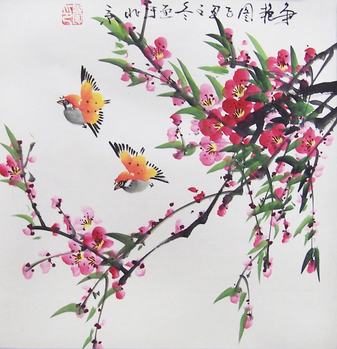 Original painting oriental art chinese art-flower with birds