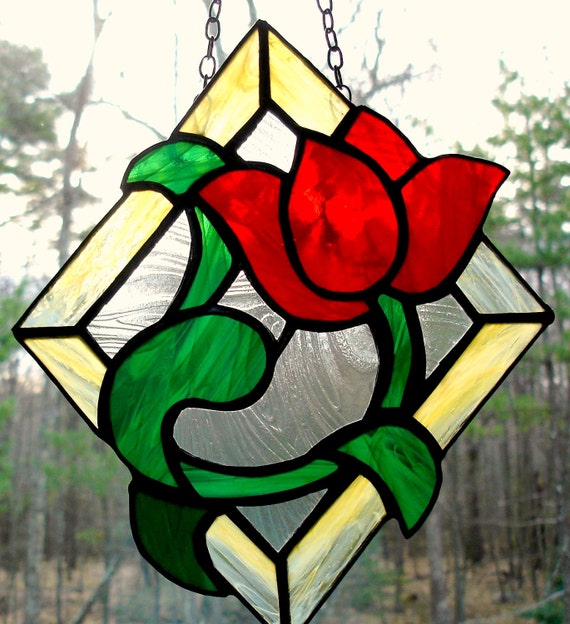 Rose suncatcher stained glass red rose handmade