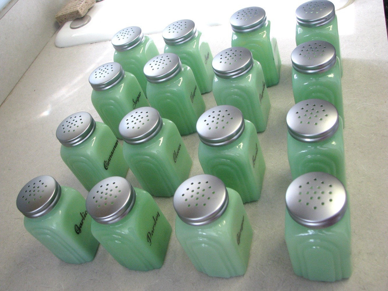 Reserved for iltbj Jadeite Spice Jars Set of 16