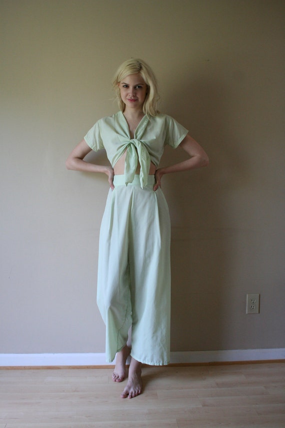 SALE 40s Pajamas Mint Green Loungewear Crop Tie Top and