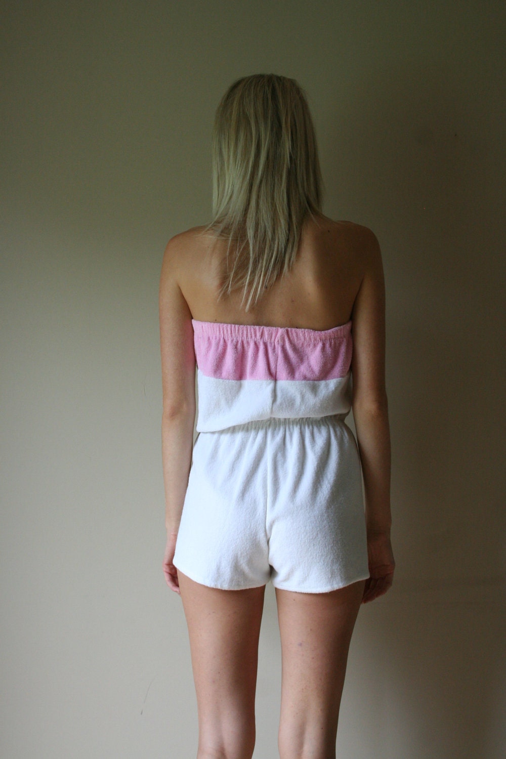 70s Romper White And Pink Terry Cloth Suzanne Somers Strapless 9269