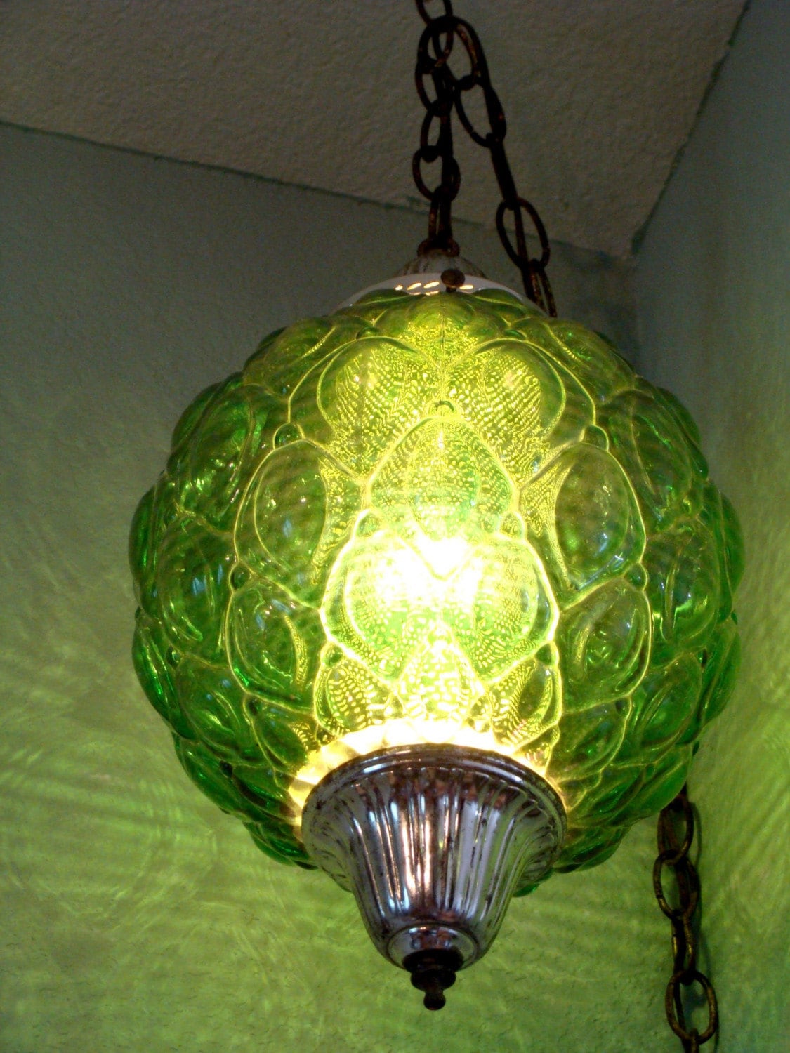 Pair Of Retro Green Glass Swag Lamps