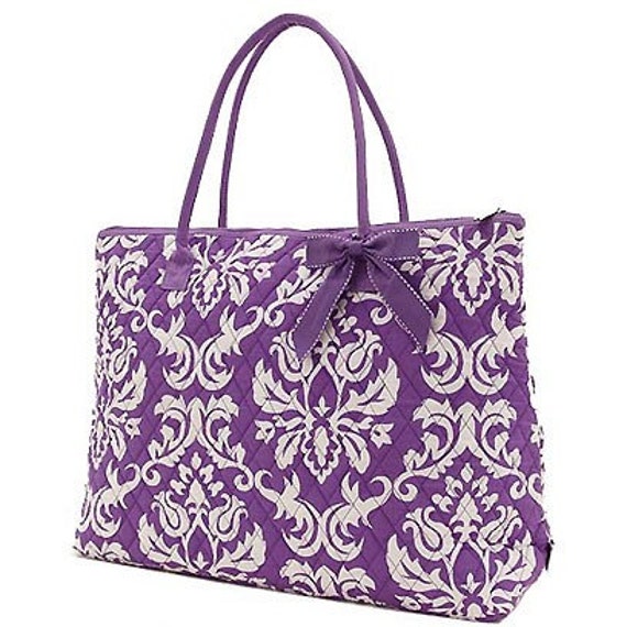 Extra Large Quilted Cotton Damask Tote Bag Purple and White