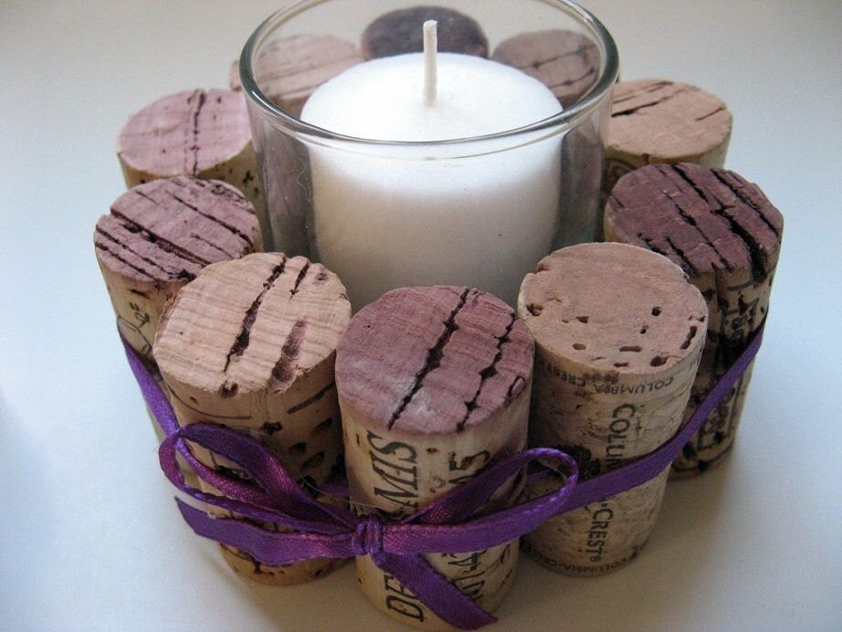 Wine Cork Votive Holders with Purple RibbonSet of Two