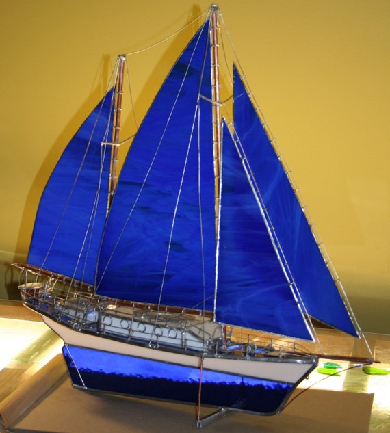 blue stained glass model sail boat large ooak