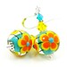 Floral Lampwork Earrings, Glass Flower Earrings, Glass Bead Earrings, Blue Yellow Orange Earrings