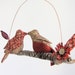 2 little lovebirds sitting in a tree - K-I-S-S-I-N-G - fabric mobile on yarn wrapped branch in rose, red, and tan
