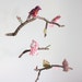 5 little bird told me - modern fabric mobile on yarn wrapped branches in soft pink, mint green, yellow and snowy white