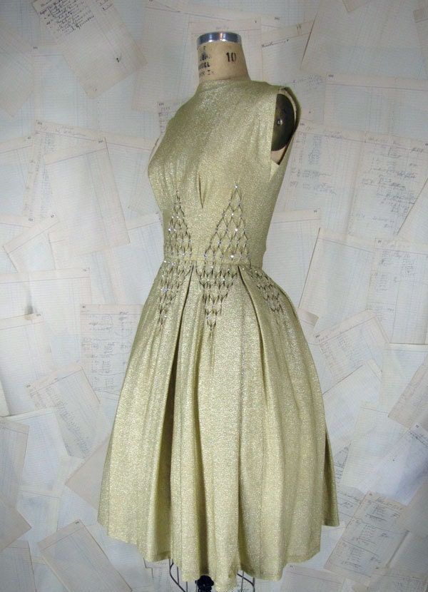 Vintage 1950s Shimmery Gold Metallic Cocktail Dress With