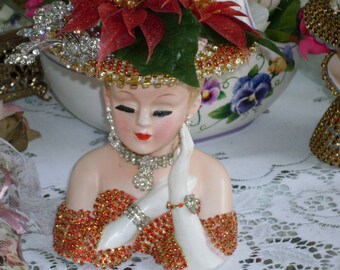 Jeweled Lefton 2705 lady head vase in red