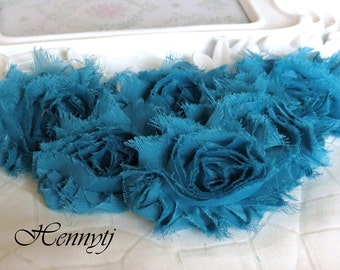 Set of 6 Shabby Frayed Vintage look Chiffon Rosette Flowers - Teal Blue