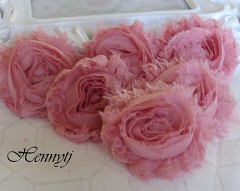 Set of 6 Shabby Frayed Vintage look Chiffon Rosette Flowers - Vintage Pink