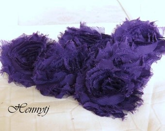 Set of 6 Shabby Frayed Vintage look Chiffon Rosette Flowers - Dark Purple