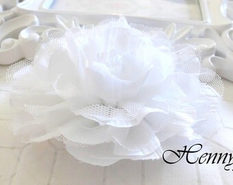 1 pc New Large Shabby Chic Frayed Wrinkled Cotton Voile and Tulle Rose Fabric Flower - White