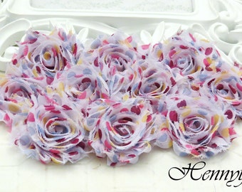 Set of 10 Shabby Frayed Vintage look Chiffon Rosette Flowers - Fairytale Polka dots