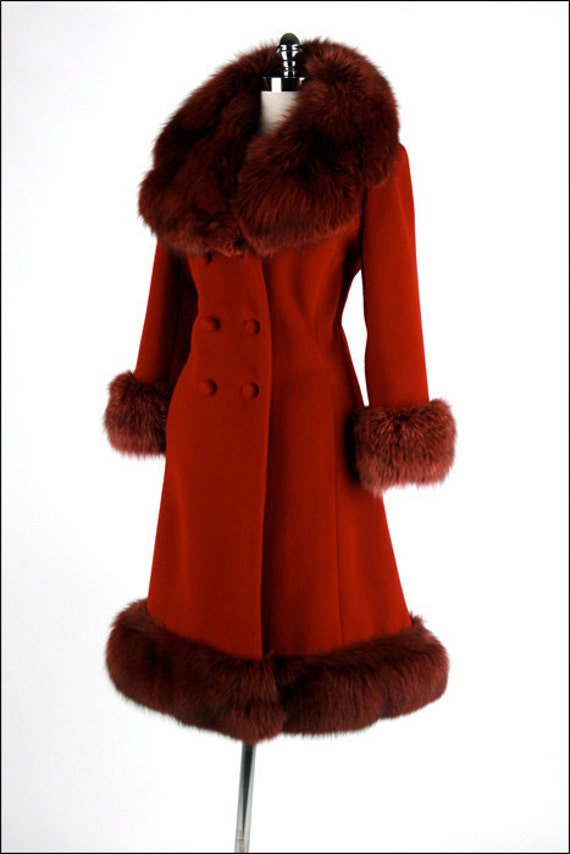 1960s Vintage Coat Cranberry Red Wool Fox Fur Princess Jacket