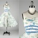 Vintage 1950s Dress . White Chiffon . Tulle . Blue Flocked Flowers . Blue Velvet . Shirred Bodice . Full Skirt . S/M . 1536