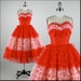 r e s e r v e d /// Vintage 1950s Dress . Red White Lace . Bow . Strapless . Full Skirt . XS . 1793
