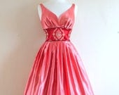 Items similar to Pink Satin and Red Brocade Prom Dress - Made by Dig ...